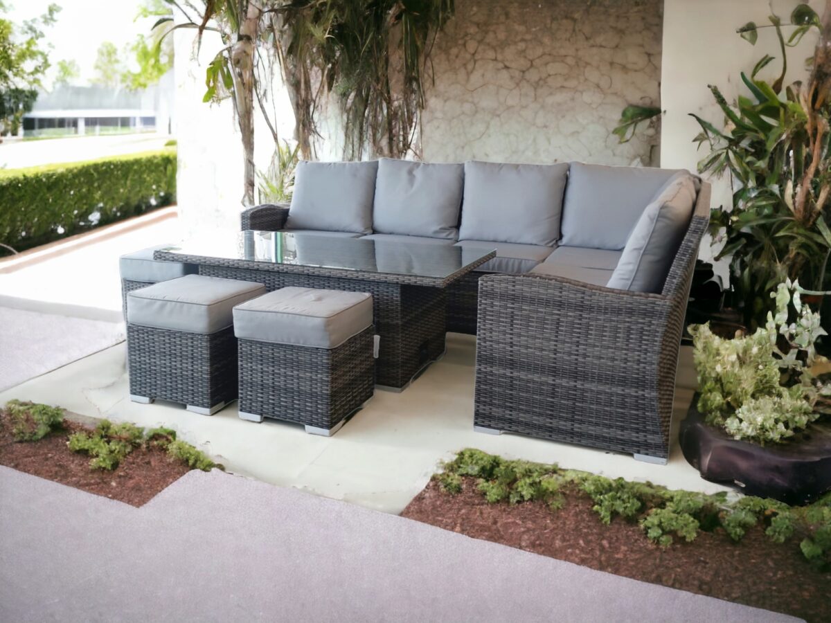 Cambridge Rattan Grey Casual Dining Corner Sofa Set With Rising Table