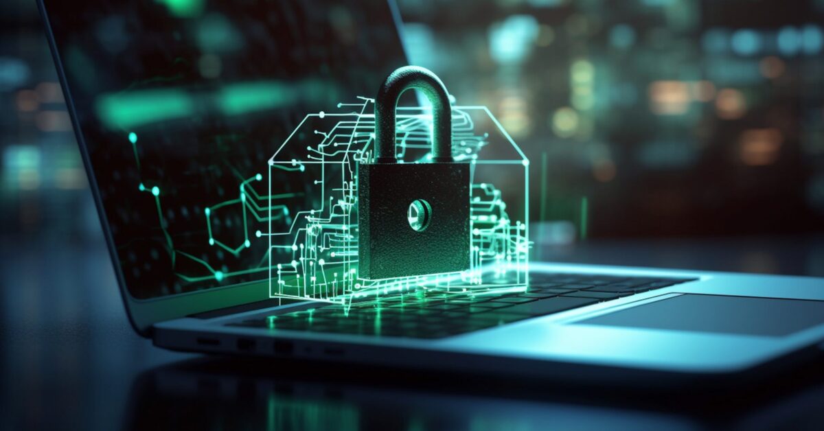 A futuristic laptop with a glowing green padlock and circuit-like structure emerging from the keyboard, set against a blurred cityscape background at night