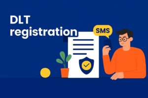 "Illustration of a man holding a smartphone with an SMS bubble, next to a document featuring a shield and checkmark, symbolizing DLT registration for bulk SMS in India. Includes modern flat design elements and a dark blue background."
