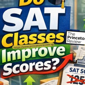 Colorful graphic asking 'Do SAT Classes Improve Scores?' with The Princeton Review logo. Features arrows, books labeled SAT prep, and a crossed-out score of 1250.