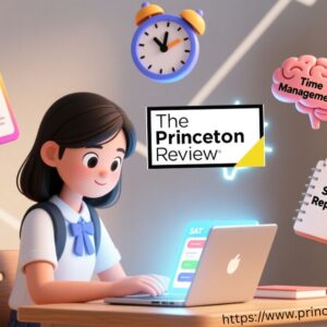 SAT test preparation setup with books, planner, and laptop on a study table.