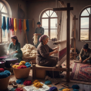 An indoor workshop scene showing four artisans engaged in the traditional process of making carpets, including dyeing wool in steaming pots, sorting raw wool, and weaving on a large vertical wooden loom.