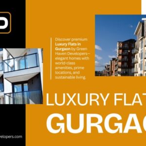 Modern residential buildings showcasing contemporary balcony designs, promoting Luxury Flats in Gurgaon by Green Haven Developers.