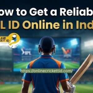 A cricket player in a stadium stands with a bat, facing the field. The text reads, "How to Get a Reliable IPL ID Online in India." The scene is vibrant and action-focused